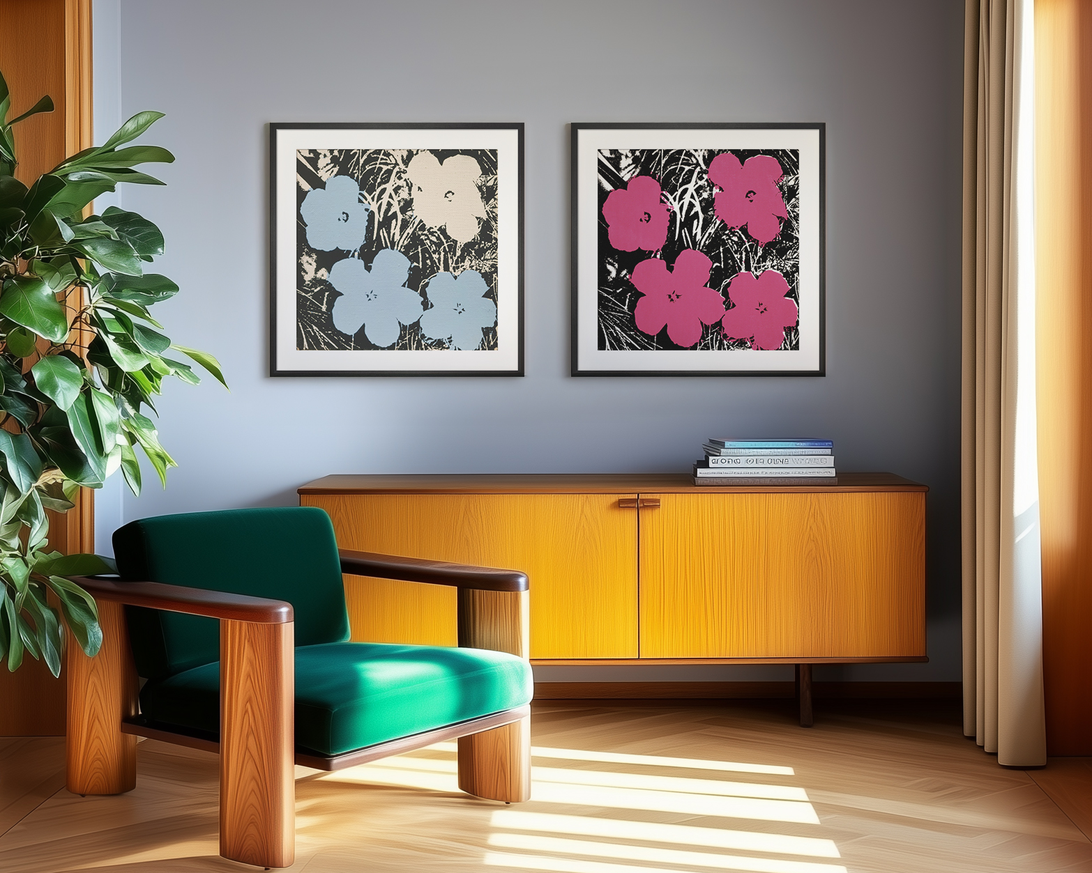 Flowers, 1965 (3 blue, 1 ivory) Poster by Andy Warhol | King & McGaw